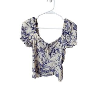 HM Blue White Toile Floral Puff Sleeve Tie Front Smocked Back Blouse Top XS